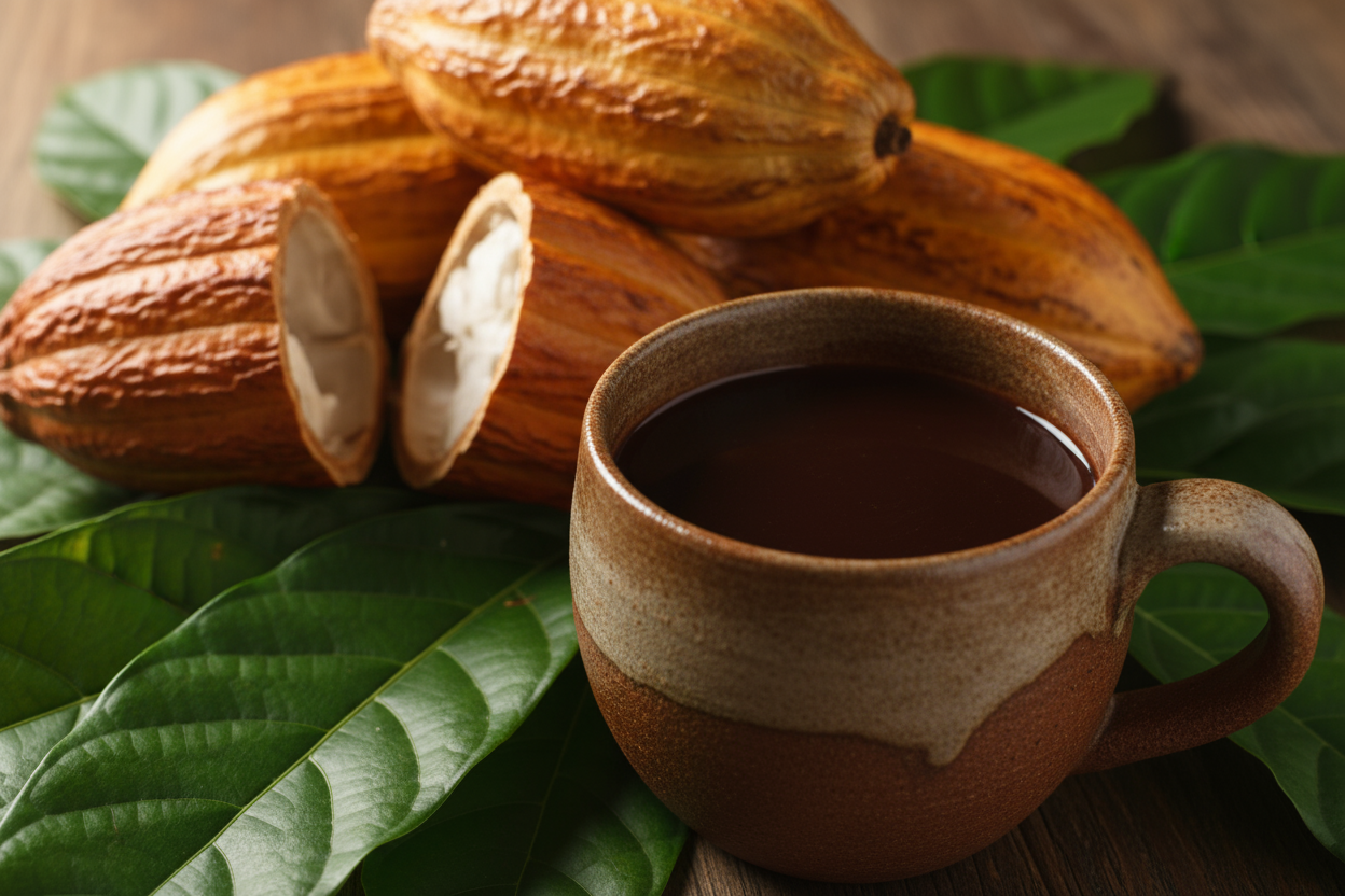 a rich raw cacao drink in a ceramic mug with cacao pods and cacao leaves behind it