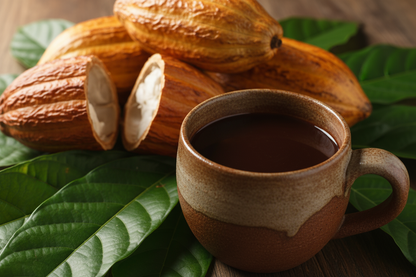 a rich raw cacao drink in a ceramic mug with cacao pods and cacao leaves behind it